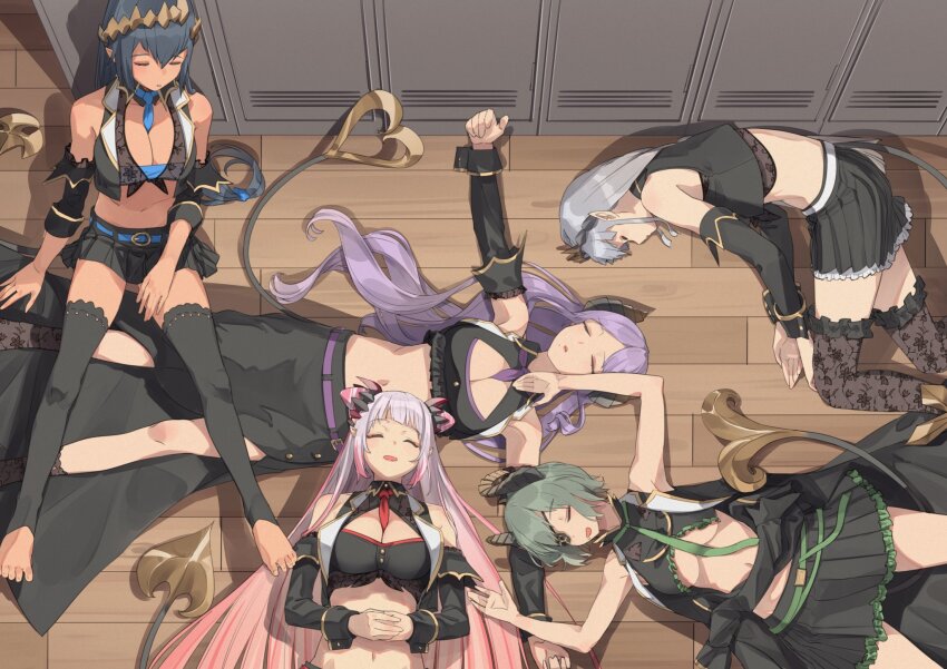 5girls atsushima barefoot belt between_breasts black_hair black_shirt black_skirt black_sleeves black_thighhighs black_vest blue_belt blue_necktie breasts cleavage closed_eyes collared_shirt commentary_request crop_top demon_girl demon_horns demon_tail detached_sleeves full_body gradient_hair green_belt green_hair green_necktie grey_hair hair_between_eyes highres honey_strap horns large_breasts locker locker_room long_bangs long_hair long_sleeves miniskirt multicolored_hair multiple_girls nanashi_inc. necktie necktie_between_breasts on_floor open_mouth pink_hair pleated_skirt pointy_ears purple_belt purple_hair purple_necktie red_necktie saionji_mary sekishiro_mico shimamura_charlotte shirt short_hair sitting skirt sleeping sleeveless sleeveless_shirt sougetsu_eli suou_patra suou_patra_(1st_costume) tail tan thighhighs unconscious underboob very_long_hair vest virtual_youtuber white_belt white_vest wooden_floor