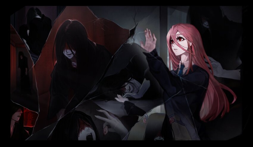 1boy 1girl artist_request black_hair black_kimono blood blood_on_face borrowed_character cannibalism crack cracked_glass hand_up highres homicipher japanese_clothes kimono korean_commentary long_hair mr._crawling multiple_views pink_hair red_eyes school_uniform severed_ear sweater