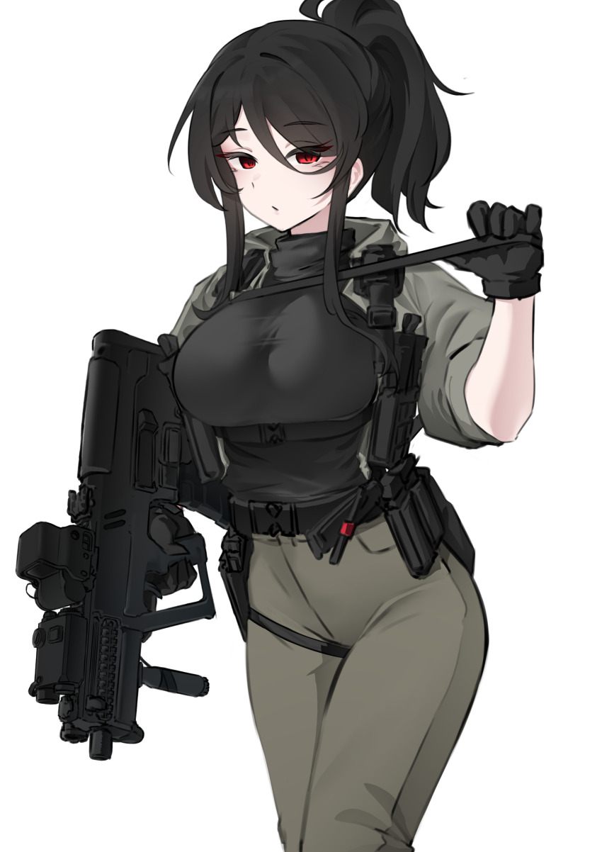 1girl absurdres ammunition_pouch assault_rifle bandit-chan_(k0ng) belt black_belt black_gloves black_hair black_shirt breasts bullpup cleavage cropped_jacket earrings eotech gloves grey_jacket gun gun_sling hair_between_eyes handgun high-waist_pants high_ponytail highres holding holding_gun holding_weapon holster iwi_tavor jacket jewelry k0ng large_breasts laser_sight long_bangs long_hair long_hair_between_eyes long_sleeves magazine_(weapon) open_clothes open_jacket original pants parted_lips ponytail pouch red_eyes rifle shirt simple_background sleeves_rolled_up solo thigh_holster thigh_strap turtleneck turtleneck_shirt vertical_foregrip weapon white_background