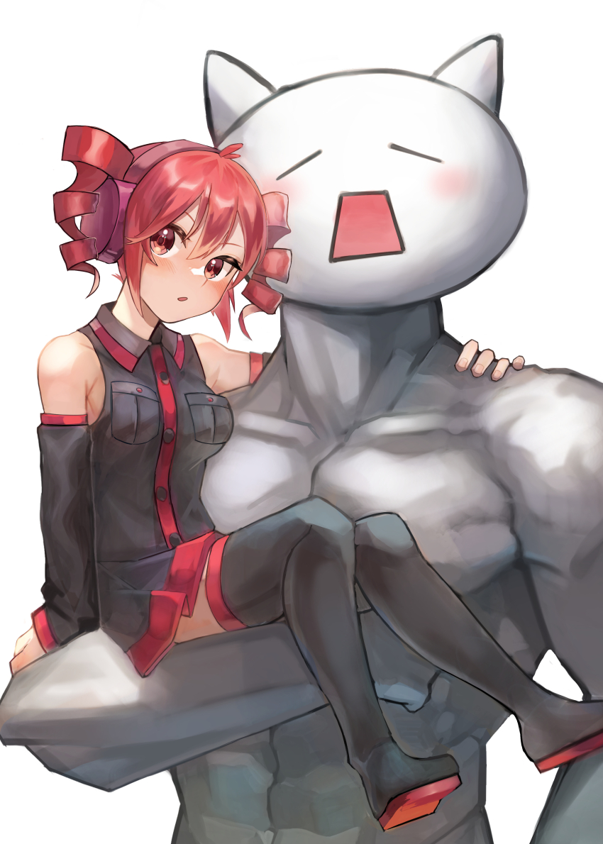1boy 1girl 2channel 8toushin absurdres animal_ears arm_around_shoulder black_footwear black_shirt black_skirt black_sleeves blush boots breasts carrying carrying_person cat_ears child_carry closed_eyes collared_shirt commentary_request drill_hair facing_viewer fukkireta headphones highres hiragi_sage kasane_teto kasane_teto_(utau) long_sleeves looking_at_viewer medium_breasts muscular muscular_male open_mouth pleated_skirt red_eyes red_hair shirt simple_background sitting_on_arm skirt sleeveless sleeveless_shirt standing thigh_boots topless_male twin_drills upper_body utau white_background