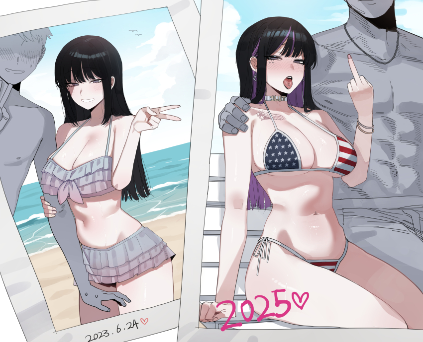 1girl 2025 2boys abs absurdres american_flag american_flag_print beach bikini black_hair breasts collarbone dated day face_piercing flag_print grin heart highres large_breasts layered_bikini long_hair middle_finger mouth_piercing multiple_boys navel original outdoors photo_(object) piercing pink_hair ratatatat74 shiny_skin smile sweat swimsuit tattoo teeth