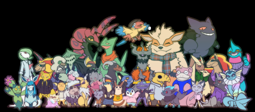 ^_^ alolan_form alolan_meowth banette bird bisharp cacturne closed_eyes clothed_pokemon commentary creature croagunk drowzee english_commentary espurr fangs full_body furret gardevoir gen_1_pokemon gen_2_pokemon gen_3_pokemon gen_4_pokemon gen_5_pokemon gen_6_pokemon gen_7_pokemon glaceon happy houndoom jolteon kadabra looking_at_viewer maractus nintendo piplup pokemon pokemon_(creature) pyroar pyroar_(female) quilava raichu rockruff ruderubicante sableye sceptile scolipede togepi trevenant whimsicott zorua
