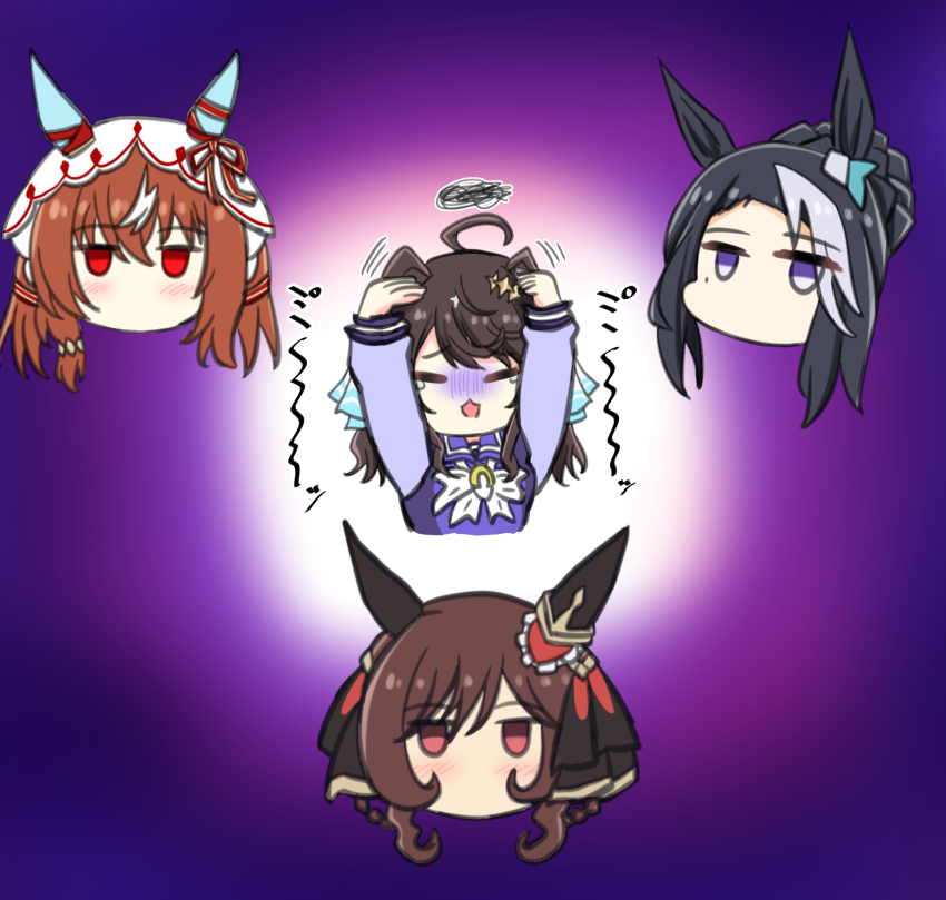 4girls ahoge animal_ears black_hair blush brown_hair closed_eyes closed_mouth commentary_request daring_tact_(umamusume) deadpan gentildonna_(umamusume) hair_between_eyes hair_ornament highres horse_ears horse_girl looking_at_viewer mejiro_ramonu_(umamusume) meme multiple_girls red_eyes scared school_uniform shikokuken_(mrykk24) simple_background still_in_love_(umamusume) tears tracen_school_uniform umamusume veil