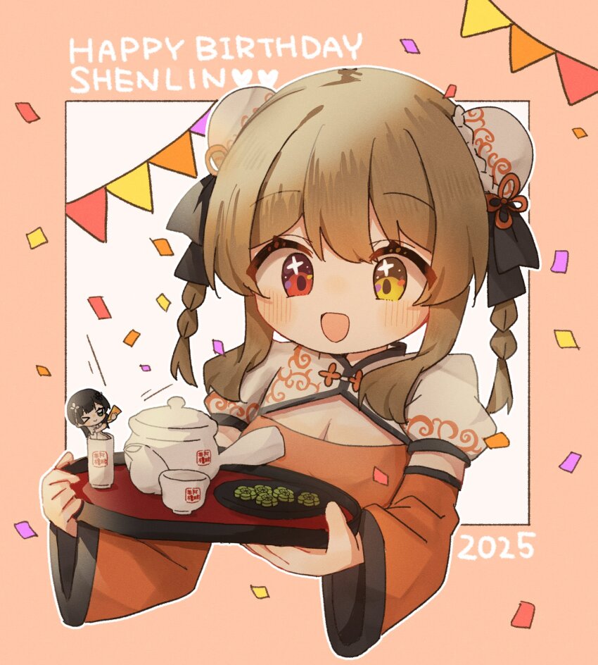 2025 2girls alternate_hairstyle assault_lily black_hair black_ribbon blush border braid breasts brown_hair bun_cover character_name china_dress chinese_clothes cleavage cleavage_cutout clothing_cutout commentary_request cookie cup detached_sleeves dress flower food green_eyes hair_flower hair_ornament hair_ribbon hands_up happy_birthday heart heterochromia highres holding holding_party_popper holding_polearm holding_weapon in_container in_cup kuo_shenlin long_hair long_sleeves looking_at_another mini_person minigirl multiple_girls orange_border orange_dress outside_border party_popper pennant plate polearm red_eyes ribbon shirt short_sleeves sidelocks simple_background sparkling_eyes string_of_flags teapot twin_braids twintails upper_body wang_yujia weapon white_background white_flower white_shirt wide_sleeves yellow_eyes yubari_lemon_(lemonlilie) yunomi