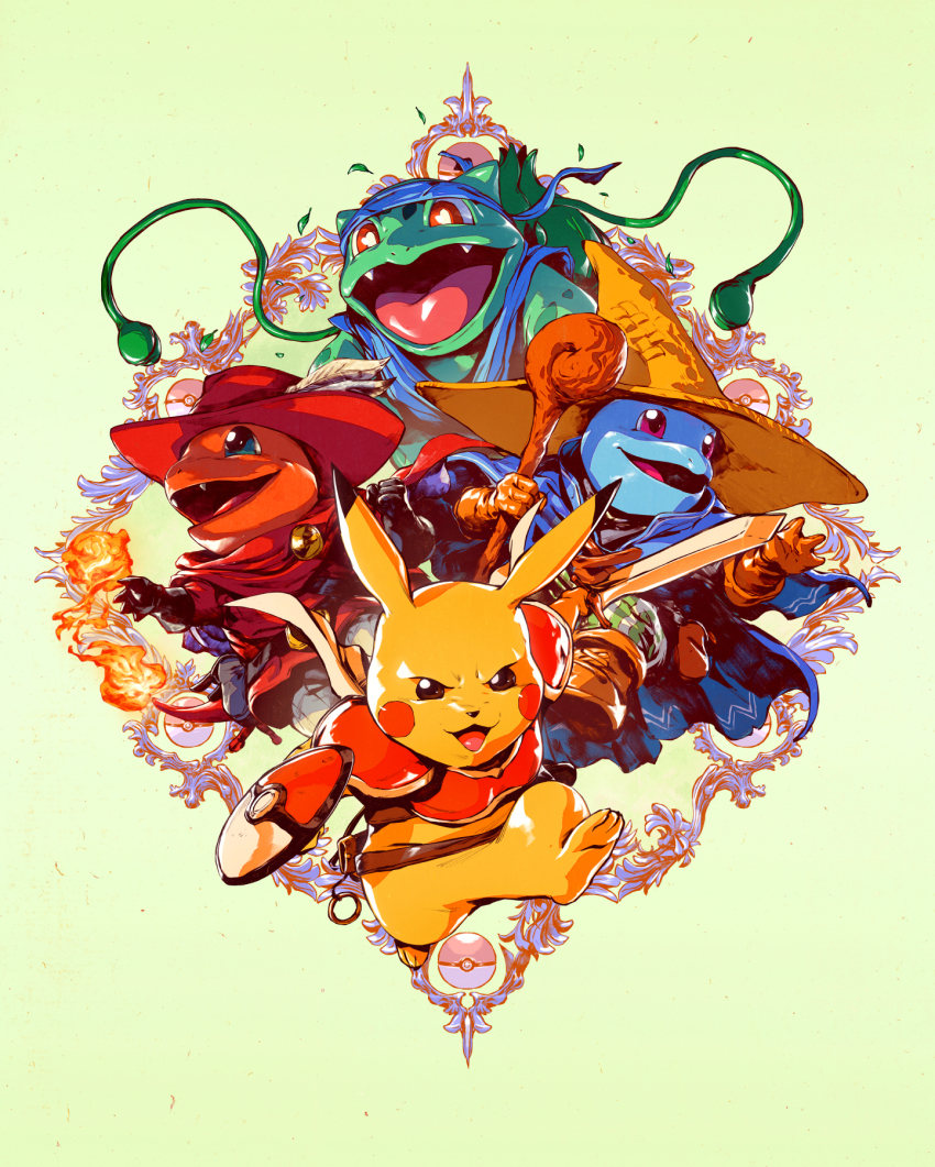 armor black_mage_(final_fantasy) black_mage_(final_fantasy)_(cosplay) blue_eyes blue_headband brown_gloves bulbasaur charmander cosplay dave_rapoza fangs final_fantasy final_fantasy_i fire gen_1_pokemon gloves hat headband highres holding holding_staff holding_sword holding_weapon monk_(final_fantasy) monk_(final_fantasy)_(cosplay) nintendo no_humans open_mouth parody pikachu poke_ball_symbol pokemon pokemon_(creature) red_eyes red_mage_(cosplay) red_mage_(final_fantasy) shield shoulder_armor smile squirtle staff starter_pokemon_trio sword warrior_(final_fantasy) warrior_(final_fantasy)_(cosplay) weapon wizard_hat