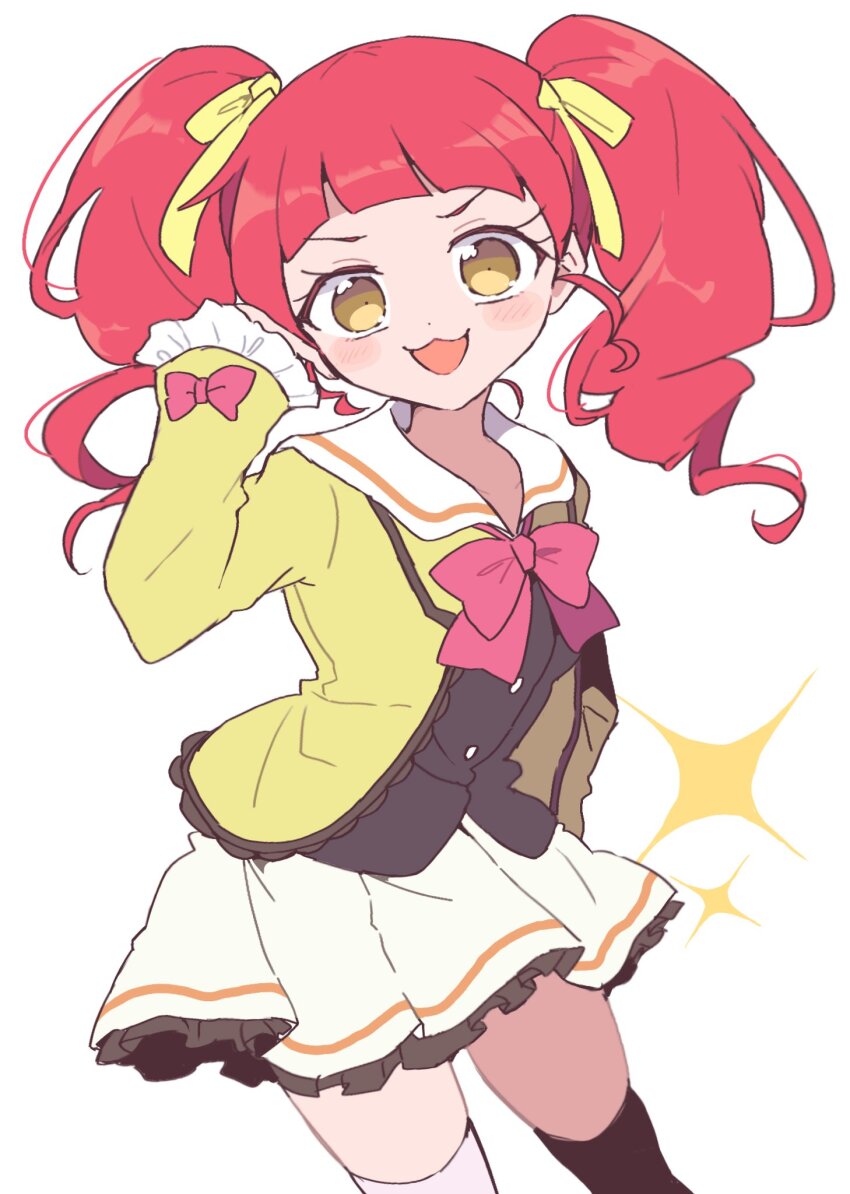 1girl :3 :d adjusting_hair akagi_anna black_vest blunt_bangs blush bow cowboy_shot drill_hair hair_ribbon hand_up highres jacket kiratto_pri_chan long_hair looking_at_viewer nojima_minami open_clothes open_jacket open_mouth pleated_skirt pretty_series red_bow red_hair ribbon school_uniform sidelocks skirt smile solo standing thighhighs twin_drills twintails vest white_background white_skirt yellow_eyes yellow_jacket yellow_ribbon