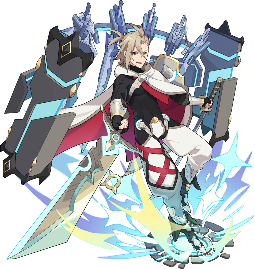 1boy antenna_hair armor armored_boots artist_request asymmetrical_bangs black_bodysuit black_boots black_gloves bodysuit bodysuit_under_clothes boots brown_hair cape dual_wielding fingerless_gloves floating floating_object full_body gloves happy highres holding holding_sword holding_weapon katana knee_boots knight leg_up liebraum_(world_flipper) looking_at_viewer male_focus non-web_source official_art open_mouth pants pants_tucked_in pauldrons puffy_pants red_eyes short_hair shoulder_armor single_pauldron smile solo sparkle standing standing_on_one_leg sword teeth transparent_background two-sided_cape two-sided_fabric v-shaped_eyebrows vambraces weapon weapon_rack white_cape white_pants world_flipper