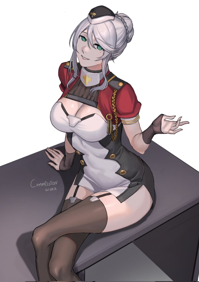 1girl arm_support azur_lane black_gloves black_thighhighs breasts cleavage commentary crossed_legs dress english_commentary feet_out_of_frame garter_straps gloves green_eyes grey_hair hair_bun hair_ornament hand_on_table hand_up hat highres koenigsberg_(azur_lane) light_smile lips long_hair looking_at_viewer medium_breasts military_hat military_uniform mole mole_under_eye open_mouth parted_lips partially_fingerless_gloves seilindekos sidelocks simple_background sitting sitting_on_table solo table thighhighs thighs two-tone_dress white_background white_dress