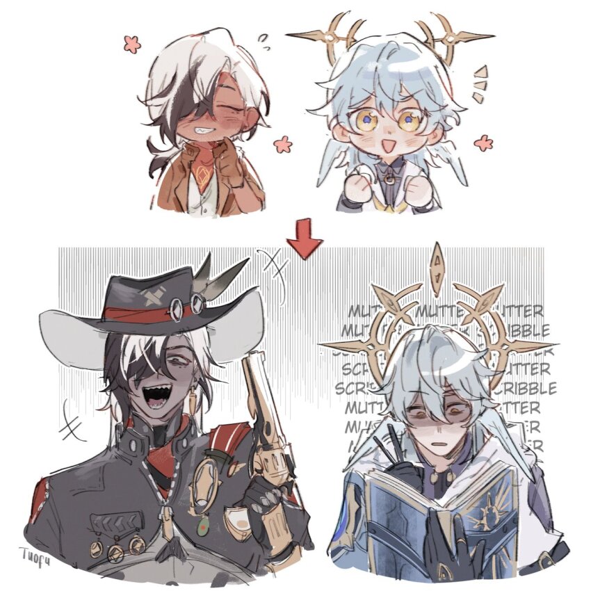 +++ 2boys aged_down arrow_(symbol) artist_name bandana black_eyes black_hair black_hat black_jacket blue_hair blue_jacket blue_pupils book boothill_(honkai:_star_rail) brown_gloves brown_jacket bullet_earrings buttons child clenched_hands closed_eyes collared_shirt commentary cowboy_hat cyborg dark-skinned_male dark_skin dual_persona earrings english_commentary english_text feathered_wings flower flying_sweatdrops gloves grey_armor gun hair_over_one_eye halo halo_behind_head hand_up handgun hands_up hat hat_feather hat_ornament head_wings highres holding holding_book holding_gun holding_pen holding_weapon honkai:_star_rail honkai_(series) jacket jewelry long_hair long_sleeves looking_at_object looking_at_viewer looking_down low_ponytail male_focus medium_hair multicolored_hair multicolored_jacket multiple_boys notice_lines open_book open_clothes open_jacket open_mouth pen pink_flower ponytail prosthesis prosthetic_hand purple_shirt red_bandana shaded_face sharp_teeth sheriff_badge shirt short_hair short_ponytail sidelocks simple_background smile star_ornament sunday_(honkai:_star_rail) teeth tongue tuofu two-tone_hair two-tone_jacket upper_body v-shaped_eyebrows vest weapon white_background white_hair white_jacket white_vest wings yellow_eyes zipper