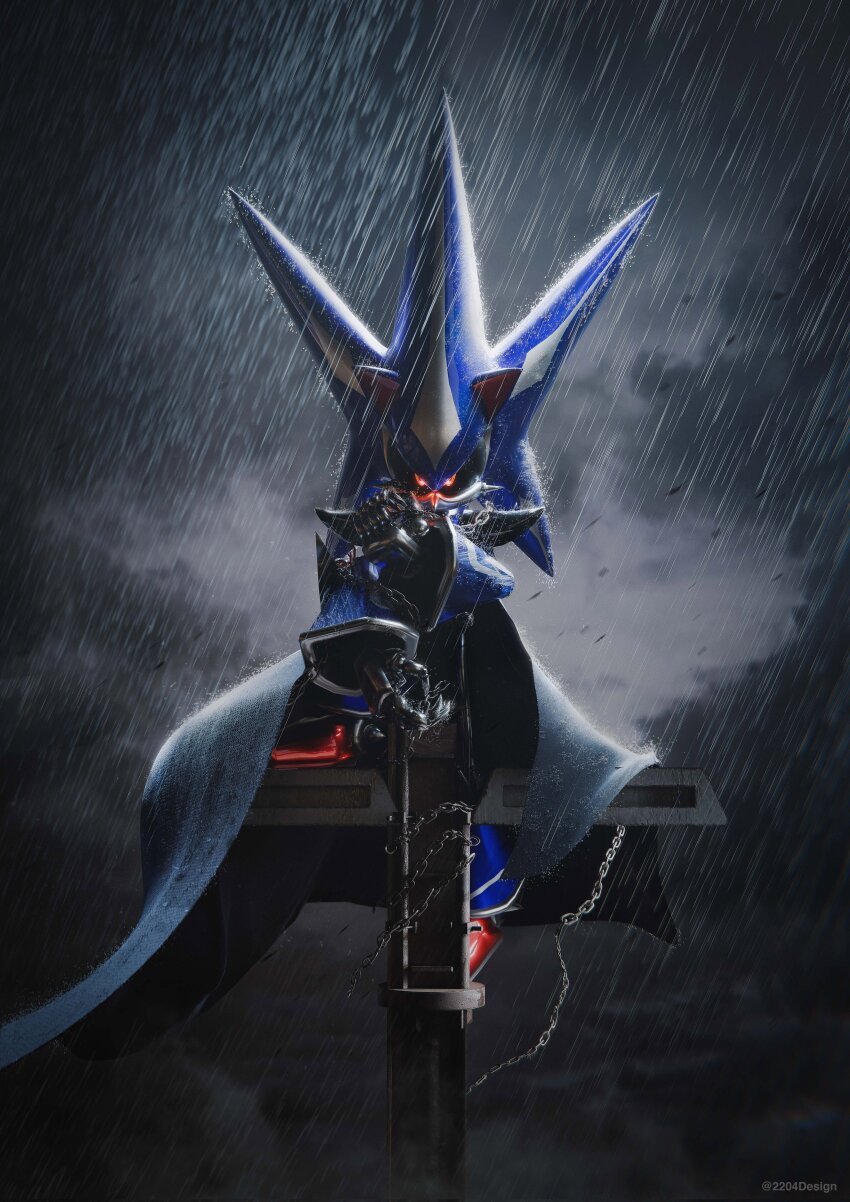 1boy 2204design absurdres black_coat blender_(medium) chain coat commentary english_commentary full_body glowing glowing_eyes highres holding holding_chain looking_at_viewer mecha metal_sonic neo_metal_sonic no_humans rain red_eyes red_shoes robot science_fiction shoes solo sonic_(series) sonic_heroes spikes super_robot