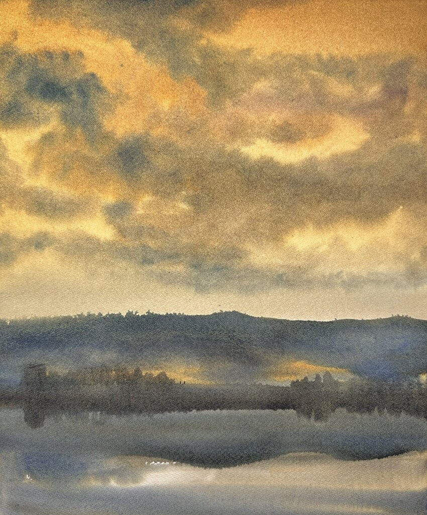 bush cloud cloudy_sky highres hill lake mouen_tw no_humans orange_sky original painting_(medium) reflection reflective_water shadow sky sunlight sunset traditional_media water watercolor_(medium)