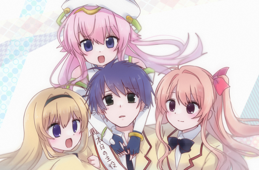 1boy 3girls black_eyes blue_hair chaos;head closed_mouth hair_ornament hairband kanzaki_nyo light_brown_hair multiple_girls necktie nishijou_nanami nishijou_takumi open_mouth orgel_seira pink_hair purple_eyes raised_eyebrows sakihata_rimi school_uniform seira seira_orgel split_mouth tagme