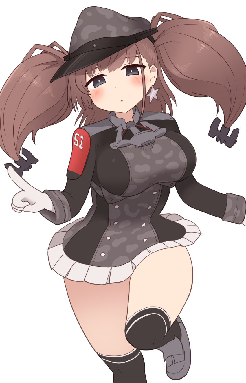 1girl anchor_hair_ornament atlanta_(kancolle) black_hat black_thighhighs blush brown_hair commentary_request cosplay earrings gloves grey_eyes grey_footwear hair_ornament hat highres jewelry kantai_collection leg_up long_hair over-kneehighs peaked_cap prinz_eugen_(kancolle) prinz_eugen_(kancolle)_(cosplay) simoyuki simple_background skirt solo star_(symbol) star_earrings thighhighs two_side_up white_background white_gloves white_skirt