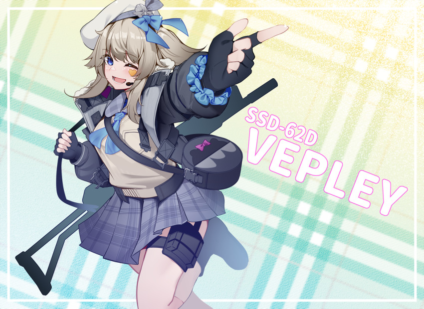 1girl bag beret black_gloves black_jacket blonde_hair blue_eyes blush bow brown_cardigan cardigan feet_out_of_frame fingerless_gloves girls&#039;_frontline girls&#039;_frontline_2:_exilium gloves grey_skirt gun hair_between_eyes hair_bow hat headset holding holding_bag holster index_finger_raised izhmash jacket kalashnikov_concern long_hair molot molot-oruzhie molot_weapons one_eye_closed open_clothes open_jacket open_mouth semi-automatic_shotgun shotgun simple_background skirt solo thigh_holster vepley_(girls&#039;_frontline_2) vepr-12 vyatskiye_polyany_machine-building_plant warashi weapon