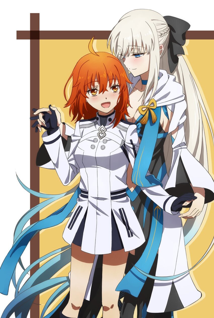 2girls ahoge black_bow black_dress black_footwear black_gloves black_shorts blue_eyes blush boots bow braid breasts center_opening choker cleavage dress fate/grand_order fate_(series) fujimaru_ritsuka_(female) fujimaru_ritsuka_(female)_(decisive_battle_chaldea_uniform) gloves grey_hair hair_bow half_up_braid highres holding_hands large_breasts long_hair long_sleeves medium_breasts morgan_le_fay_(fate) multiple_girls oiun open_mouth orange_eyes orange_hair ponytail short_hair shorts sidelocks smile thigh_boots thighs two-tone_dress very_long_hair white_dress wide_sleeves yuri