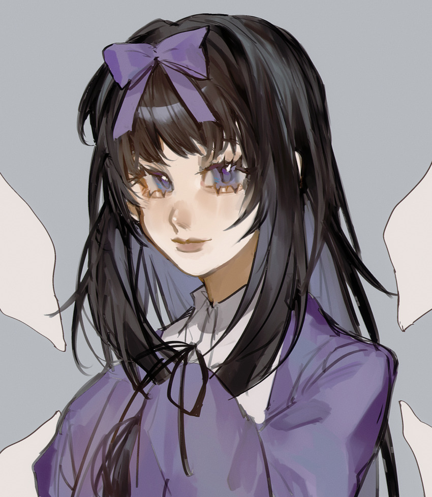 1girl black_ribbon bow chinese_commentary closed_mouth collared_shirt commentary_request cookie_(touhou) detached_wings fairy_wings grey_background hair_bow hands_in_opposite_sleeves heinrich_(fernanderuddle) highres jacket lips long_hair long_sleeves looking_at_viewer neck_ribbon open_clothes open_jacket purple_bow purple_eyes purple_jacket ribbon shirt shunga_youkyu simple_background smile solo star_sapphire touhou upper_body white_shirt wings