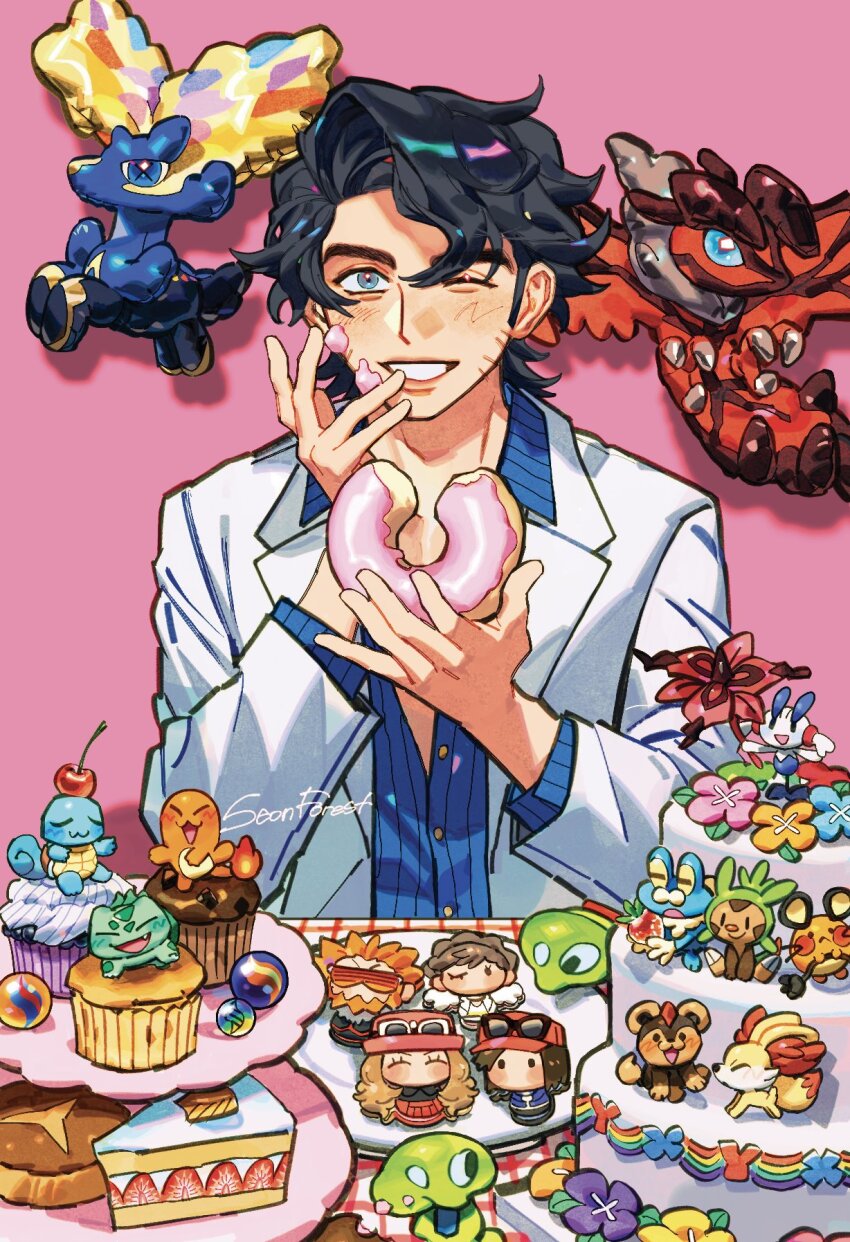 1boy artist_name augustine_sycamore black_hair bulbasaur buttons cake calem_(pokemon) character_cookie charmander cherry chespin commentary_request cookie copyright_name cupcake dedenne diantha_(pokemon) donut fennekin floette floette_(eternal) food froakie fruit gen_1_pokemon gen_6_pokemon highres holding holding_food korean_commentary layer_cake legendary_pokemon litleo lysandre_(pokemon) male_focus mega_stone muffin nintendo one_eye_closed pink_background plate pokemon pokemon_xy seonforest serena_(pokemon) short_hair simple_background smile solo squirtle teeth xerneas yveltal zygarde zygarde_core