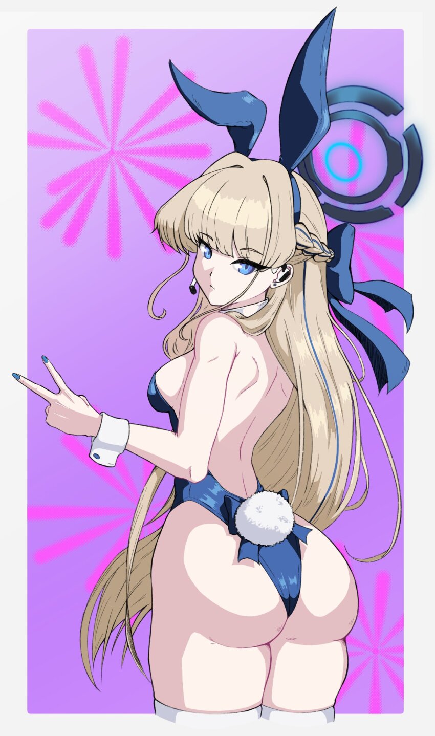 ass back blonde_hair blue_archive blue_eyes braid breasts cowboy_shot foxanderart highres long_hair looking_back sideboob thighhighs toki_(blue_archive) toki_(bunny)_(blue_archive) v white_thighhighs