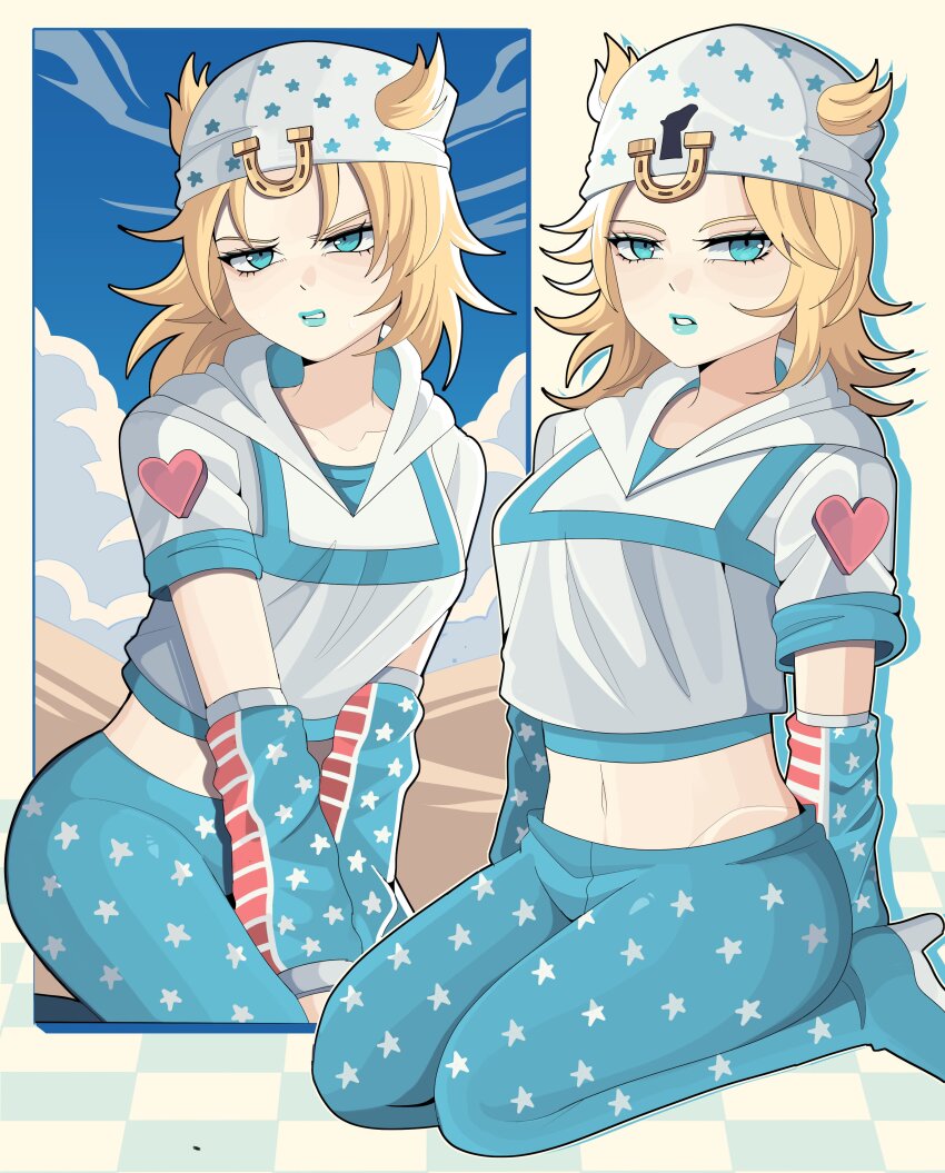 1girl absurdres aqua_eyes aqua_pants blonde_hair blue_sky blush bobamiruku boots commentary cropped_hoodie english_commentary eyelashes genderswap genderswap_(mtf) hair_through_headwear hat heart high_heels highres hood hood_down hoodie horseshoe_ornament johnny_joestar jojo_no_kimyou_na_bouken kneeling long_hair looking_at_viewer midriff multiple_views navel pants parted_bangs parted_lips seiza short_sleeves sitting sky solo steel_ball_run tile_floor tiles v-shaped_eyebrows white_hat white_hoodie