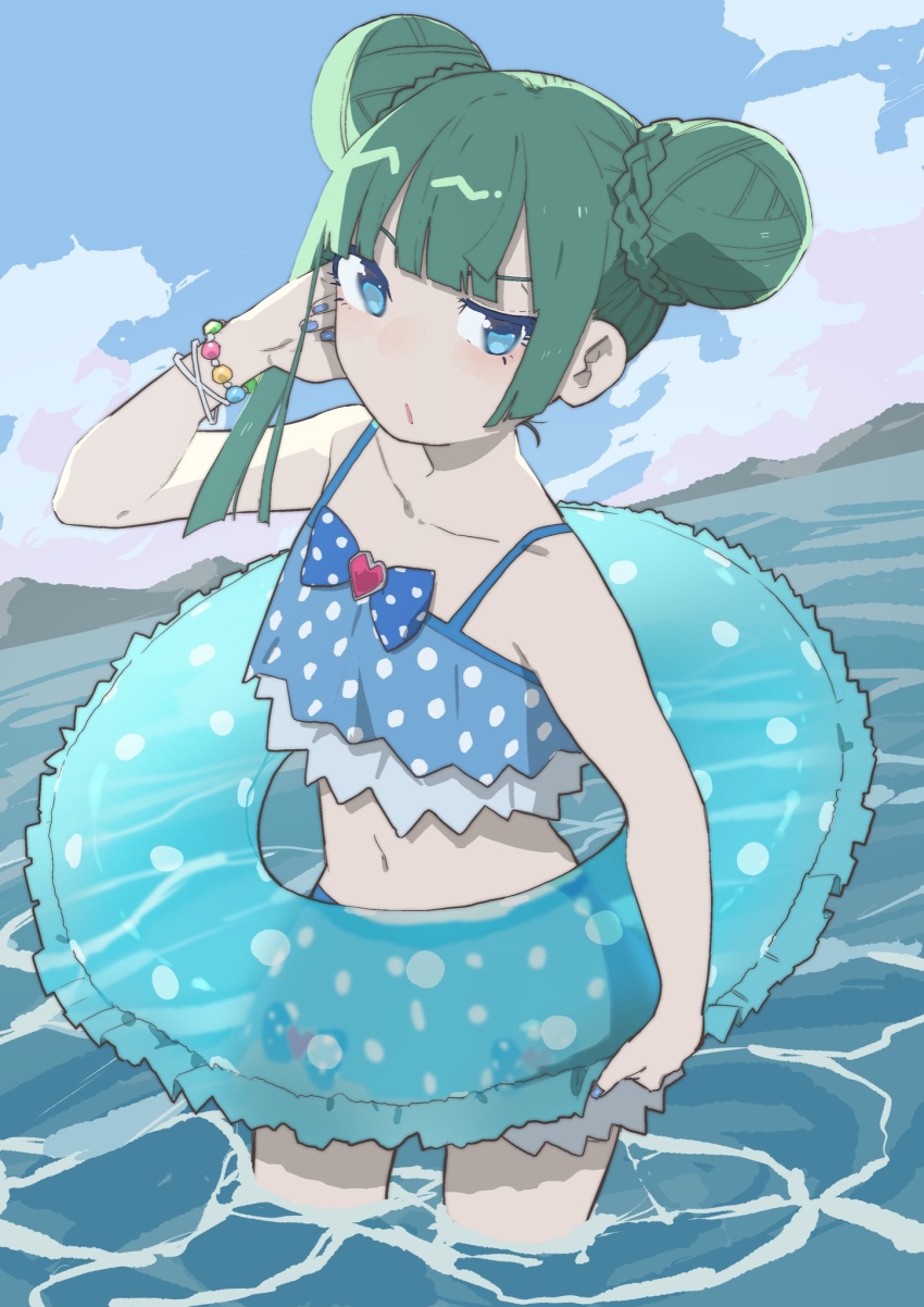 1girl bad_id bad_twitter_id bare_shoulders bikini blue_bikini blue_bow blue_eyes blue_nails blue_sky blunt_bangs bow bracelet braid braided_bangs cloud commentary_request cowboy_shot day double_bun green_hair hair_bun hand_up highres holding holding_swim_ring innertube jewelry kemura_(puripurinea) long_hair looking_at_viewer nail_polish navel ocean open_mouth outdoors polka_dot polka_dot_bikini pretty_series pripara sky solo standing swim_ring swimsuit tsukikawa_chili wading water
