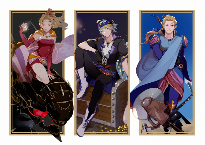 1girl 2boys arm_warmers bandana black_pants blonde_hair boots bow breasts cape circular_saw closed_mouth coin day drill earrings edgar_roni_figaro final_fantasy final_fantasy_vi hair_bow holding holding_weapon jewelry locke_cole long_hair looking_at_viewer multiple_boys outdoors pants saw silver_hair sitting tina_branford treasure_chest weapon white_footwear yawai_tofu