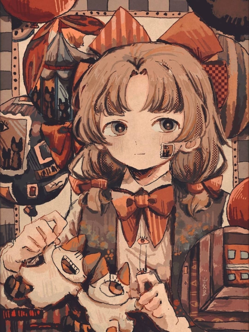 1girl abstract balloon black_vest blunt_bangs bow bowtie brown_hair cat closed_mouth curtained_hair expressionless grey_eyes hair_bow highres holding long_sleeves looking_to_the_side low_twintails middle_part original paper_doll paper_doll_chain patterned_background red_bow red_bowtie shirt sideways_glance solo split_mouth striped_bow twintails two-handed vest wasabi_natsume white_shirt
