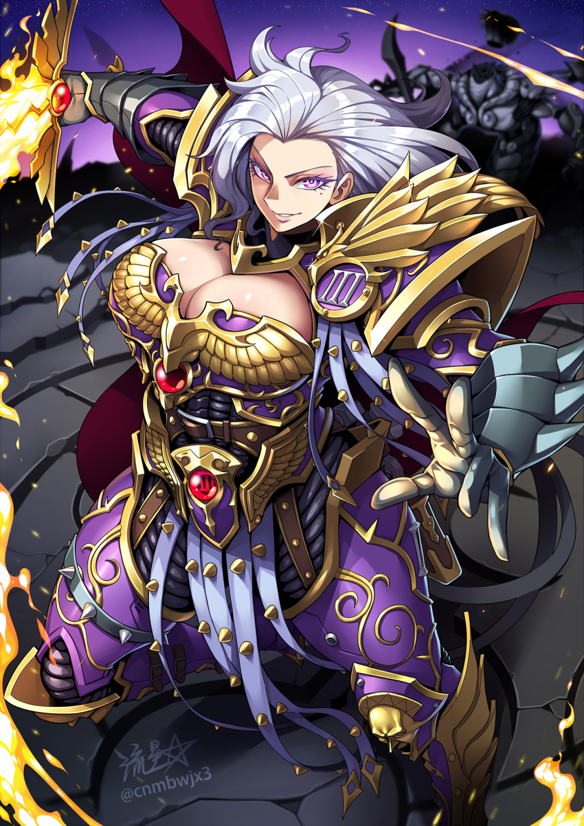 1girl armor breasts cape cleavage cleavage_cutout clothing_cutout decapitation fire flaming_sword flaming_weapon fulgrim gauntlets genderswap genderswap_(mtf) gold_trim grey_hair highres holding holding_sword holding_weapon large_breasts long_hair mole mole_under_eye purple_armor purple_eyes red_cape roman_numeral ryuusei_(mark_ii) signature spiked_armor sword twitter_username warhammer_40k weapon
