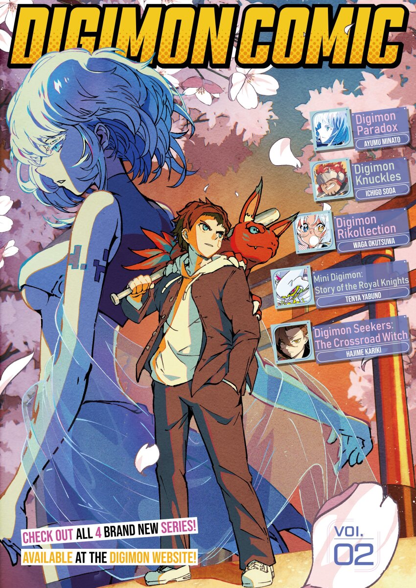 absurdres baseball_bat breasts digimon digimon_knuckles digimon_paradox digimon_rikollection digimon_seekers digimon_seekers:_the_crossroad_witch dynasmon eve_(digimon) falling_petals gankoomon highres mini_digimon:_the_story_of_the_royal_knights nozomi_riko official_art petals shinonome_reiji underboob xu_yulin