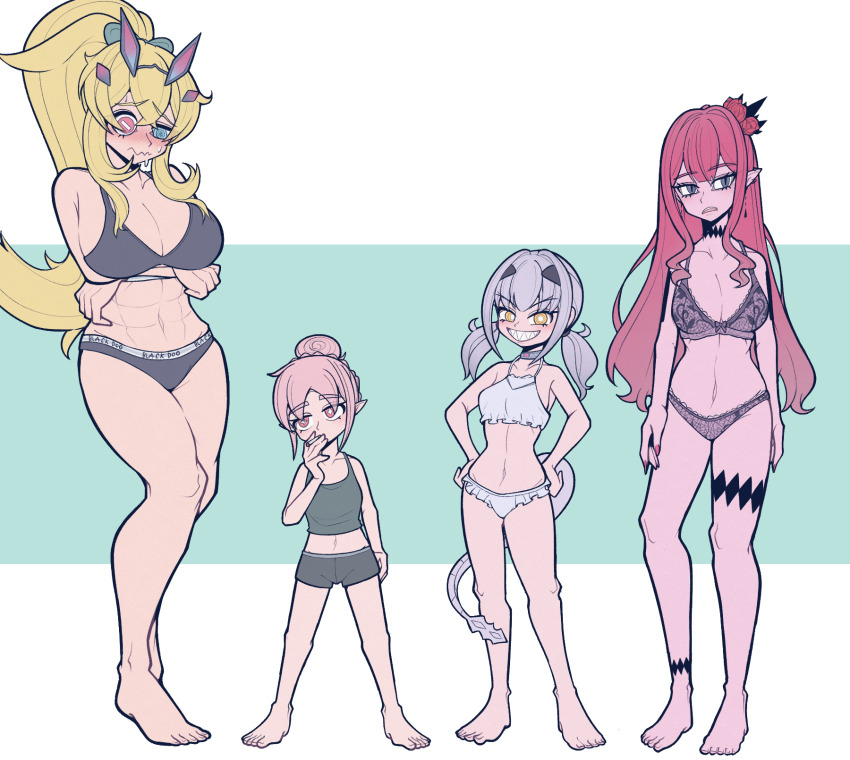 4girls abs baobhan_sith_(fate) barefoot barghest_(fate) black_bra black_panties blonde_hair blush bra breasts cleavage crop_top dragon_tail faerie_knights_(fate) fate/grand_order fate_(series) frown full_body green_eyes grey_eyes habetrot_(fate) hair_bun hands_on_own_hips heterochromia highres hug lace lace_bra lace_panties large_breasts long_hair lrl23wznet74220 melusine_(fate) multiple_girls navel panties pink_eyes pink_hair ponytail red_eyes sharp_teeth size_difference small_breasts sweatdrop tail teeth twintails underwear wavy_mouth white_hair white_panties yellow_eyes