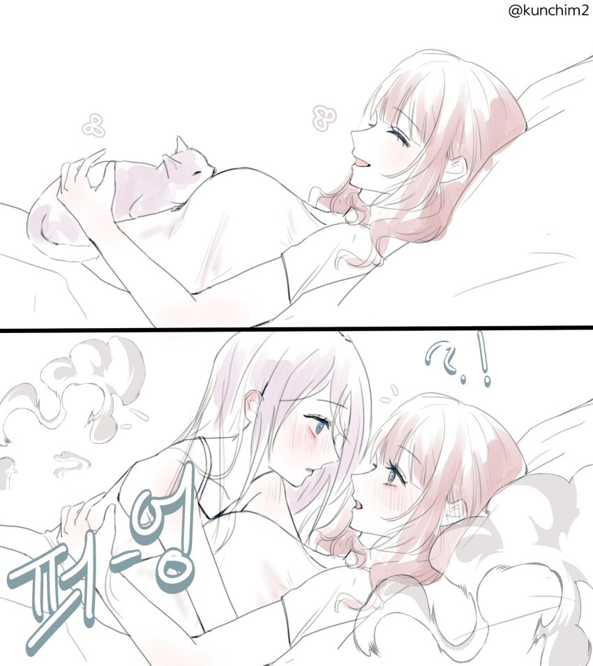 !? 2girls animalization blue_eyes blush breasts closed_eyes commentary_request eye_contact highres korean_commentary kunchim2_cat_transformation_template_(meme) large_breasts long_hair looking_at_another lying_on_person meme mochizuki_honami multiple_girls open_mouth pink_cat project_sekai red_hair saa_mo short_sleeves smile smoke transformation translation_request twitter_username yoisaki_kanade yuri