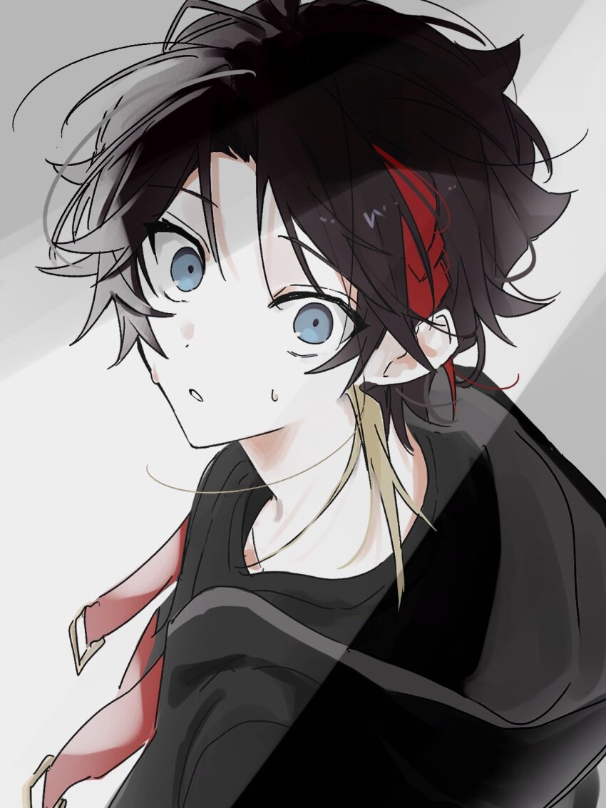1boy belt_buckle black_hair black_jacket black_shirt blonde_hair blue_eyes buckle crew_neck curtained_hair dot_nose hair_behind_ear highres hood hood_down hooded_jacket jacket looking_at_viewer male_focus misosuupu1216 multicolored_hair nijisanji open_mouth red_hair saegusa_akina shirt short_hair solo streaked_hair sweatdrop upper_body virtual_youtuber wide-eyed