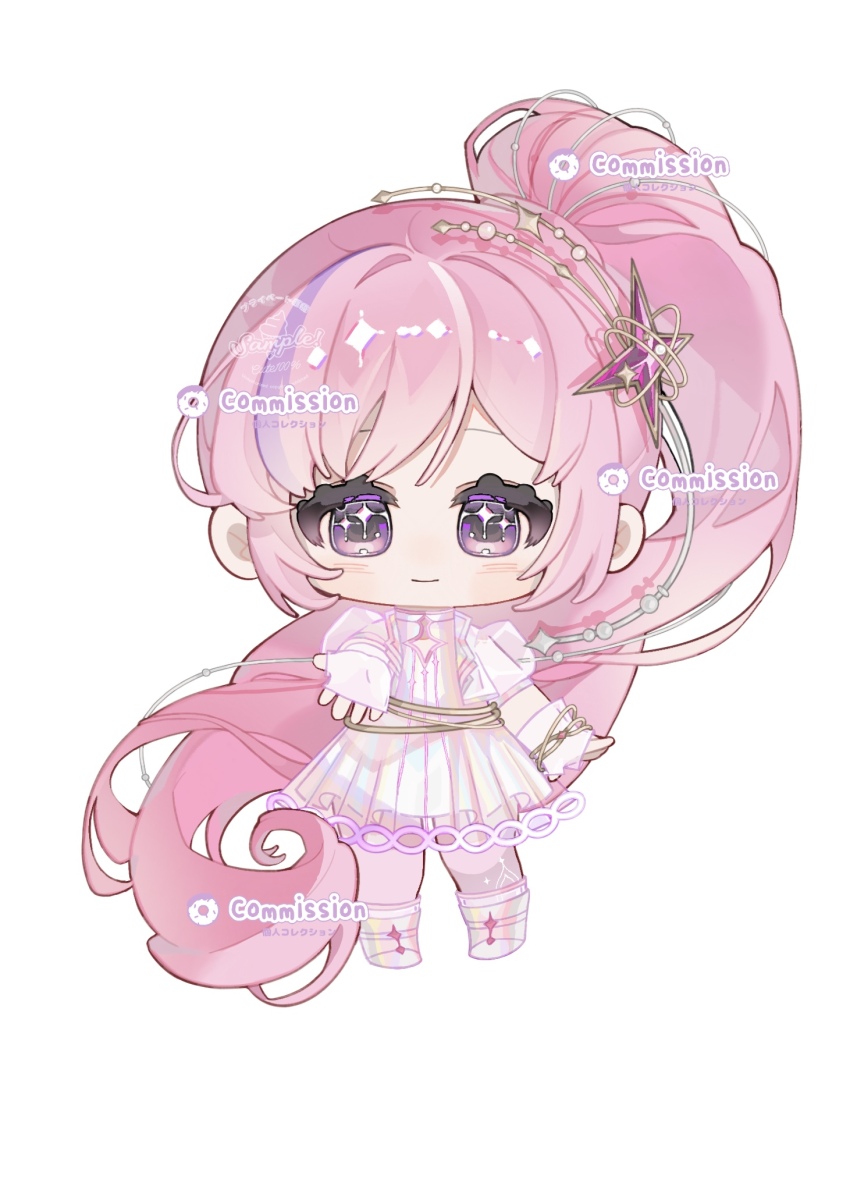 1girl absurdly_long_hair boots character_request chibi chinese_commentary closed_mouth commentary_request commission dress eeeestella eyelashes fingernails gloves hair_ornament high_side_ponytail highres knee_boots light_blush long_hair multicolored_hair nikki_(series) offering_hand outstretched_hand pantyhose pink_boots pink_gloves pink_hair pink_pantyhose puffy_short_sleeves puffy_sleeves purple_eyes purple_hair see-through_clothes see-through_sleeves shining_nikki short_dress short_sleeves simple_background smile solo sparkling_eyes standing star_(symbol) star_hair_ornament streaked_hair striped_clothes striped_dress swept_bangs tareme vertical-striped_clothes vertical-striped_dress very_long_hair watermark wavy_hair white_background white_dress