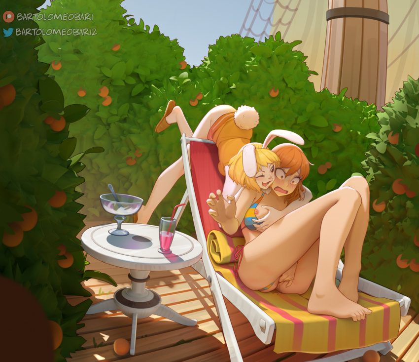 2girls animal_ears barefoot bartolomeobari beach_chair bikini bikini_bottom_aside blonde_hair blue_sky blush carrot_(one_piece) caught clothing_aside embarrassed female_focus female_masturbation fingering food foreshortening fruit full_body furry furry_female furry_with_non-furry grabbing_another&#039;s_breast groping interspecies masturbation multiple_girls nami_(one_piece) nipples one_piece one_piece_film:_z open_mouth orange_(fruit) orange_hair pussy pussy_juice rabbit_ears rabbit_girl rabbit_tail sky smile surprised swimsuit tail uncensored yuri