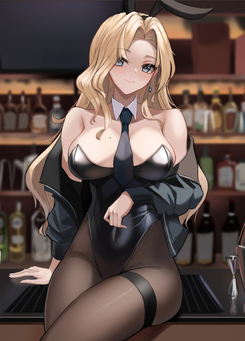 1girl absurdres alcohol animal_ears bar_(place) bar_stool between_breasts black_jacket black_leotard blue_eyes blurry blurry_background bottle breasts cleavage counter covered_navel cup detached_collar dimos_(dawn_1945) drinking_glass earrings fake_animal_ears highres hornet_(kancolle) jacket jewelry kantai_collection large_breasts leotard liquor long_hair looking_at_viewer necktie necktie_between_breasts pantyhose playboy_bunny rabbit_ears sitting smile solo stool strapless strapless_leotard wrist_cuffs