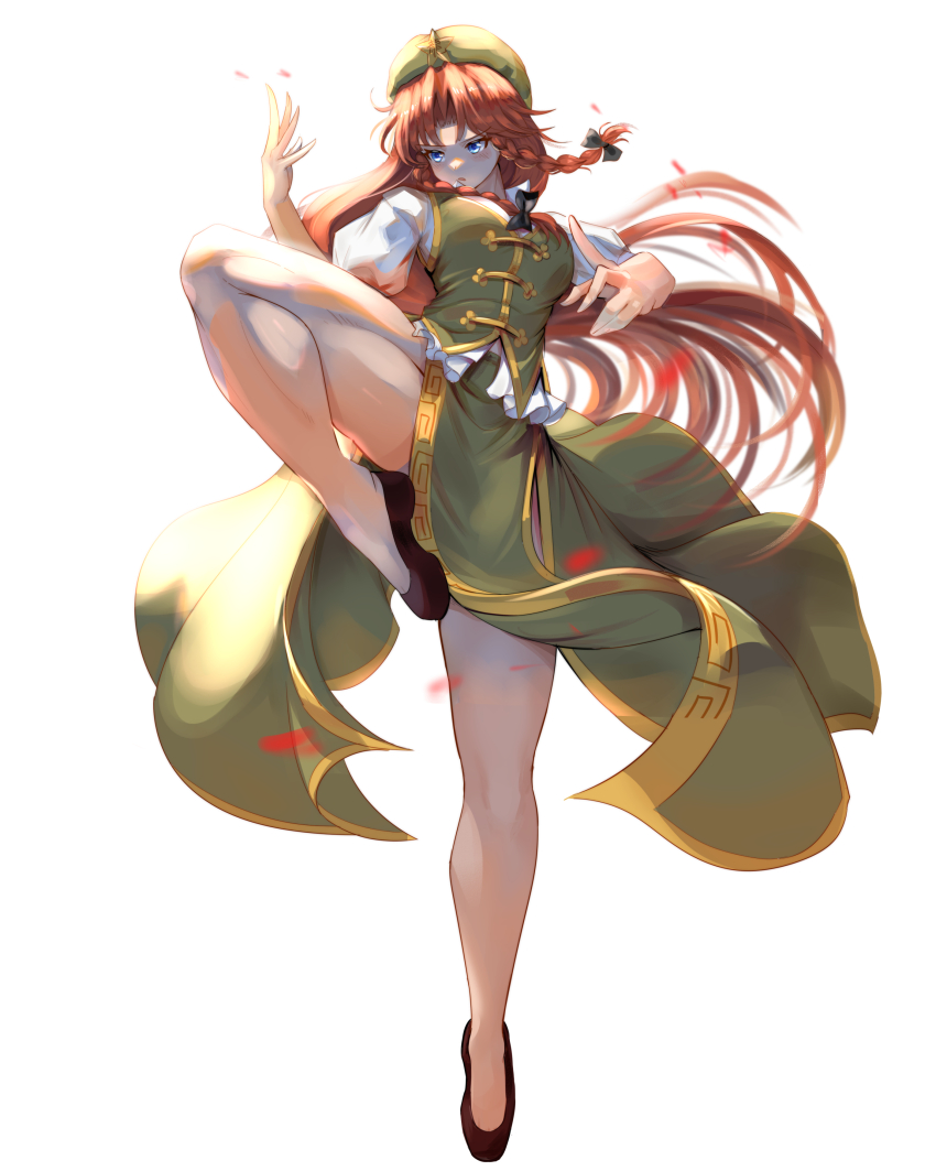1girl absurdres arm_up bare_legs beret black_bow blue_eyes bow braid breasts chinese_clothes cleavage commentary curtained_hair edz_drawz english_commentary fighting_stance flats floating_hair full_body gold_trim green_hat green_skirt green_vest hair_bow hat hat_ornament highres hong_meiling knee_up long_hair medium_breasts midriff_peek multiple_hair_bows open_mouth pelvic_curtain puffy_short_sleeves puffy_sleeves red_hair shirt short_sleeves side_braids side_slit sidelighting simple_background skirt skirt_set solo standing standing_on_one_leg star_(symbol) star_hat_ornament thighs touhou very_long_hair vest white_background white_shirt wind wind_lift