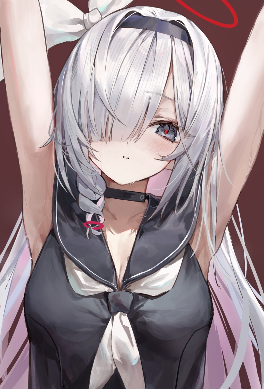 1girl absurdres armpits arms_up black_choker black_hairband blue_archive braid breasts choker cleavage collarbone commentary_request grey_hair hair_over_one_eye hairband halo highres kabi_(zcwd8845) long_hair looking_at_viewer multicolored_hair neckerchief one_eye_covered pink_hair plana_(blue_archive) school_uniform serafuku shirt simple_background single_braid sleeveless sleeveless_shirt small_breasts solo straight_hair two-tone_hair upper_body very_long_hair white_neckerchief