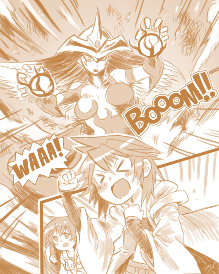 3girls burstinatrix cape coat duel_monster elemental_hero_burstinatrix eria_the_water_charmer highres hiita hiita_(yu-gi-oh!) hiita_the_fire_charmer long_hair monochrome multiple_girls orange_theme short_hair smile tahira_ureka yu-gi-oh!