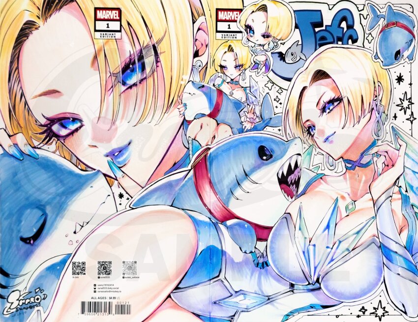 1girl animal animal_on_lap barcode blonde_hair blue_eyes blue_lips blue_nails breasts choker cleavage collar commentary crystal earrings emma_frost english_text hashtag-only_commentary highres jeff_(marvel) jewelry large_breasts leotard looking_at_viewer lying marvel marvel_rivals multiple_views on_lap on_side open_mouth qr_code red_collar sample_watermark shark sharp_teeth short_hair sunao_saito symbol-only_commentary teeth watermark white_leotard x-men