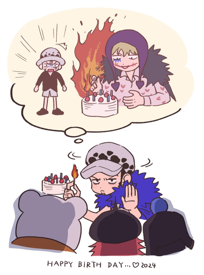 5boys back bepo_(one_piece) birthday_cake black_hair blonde_hair blue_cape cake cape donquixote_rocinante feather_cape fire food happy_birthday hat heart heart_print highres hood makeup male_focus multiple_boys one_piece penguin_(one_piece) shachi_(one_piece) shorts sideburns speech_bubble spiked_hair tasikanitakashi thought_bubble trafalgar_law