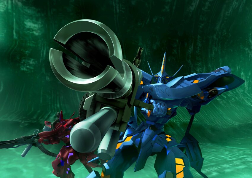 assault_visor cave_interior foreshortening gun highres holding holding_gun holding_weapon looking_at_viewer mecha muv-luv muv-luv_alternative muv-luv_unlimited:_the_day_after no_humans official_art red_eyes robot solo_focus tactical_surface_fighter type_00_takemikazuchi weapon