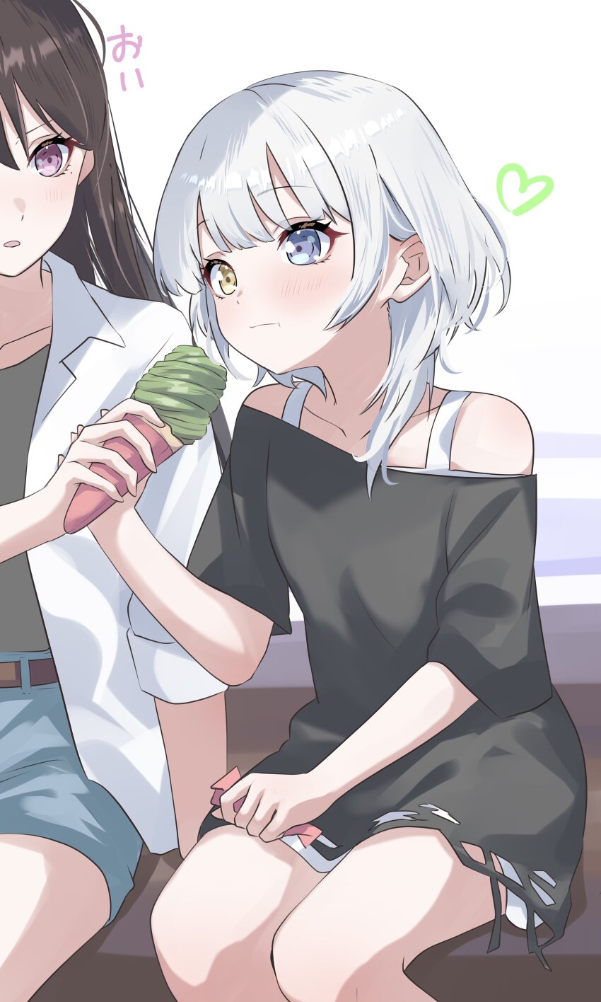 2girls :t absurdres arm_at_side bang_dream! bang_dream!_it&#039;s_mygo!!!!! bare_shoulders belt bench black_hair black_shirt blue_eyes blue_skirt blush brown_belt closed_mouth clothing_cutout collarbone commentary_request cowboy_shot eating food grey_hair hair_between_eyes hand_on_lap hand_up heart heterochromia highres holding holding_hands holding_ice_cream_cone houji_tea_latte ice_cream ice_cream_cone kaname_raana long_hair long_shirt looking_at_another looking_at_food medium_hair miniskirt multiple_girls off-shoulder_shirt off_shoulder on_bench open_clothes open_shirt parted_lips purple_eyes sharing_food shiina_taki shirt shoulder_cutout simple_background sitting skirt sleeveless three-quarter_sleeves translated white_background white_shirt yellow_eyes