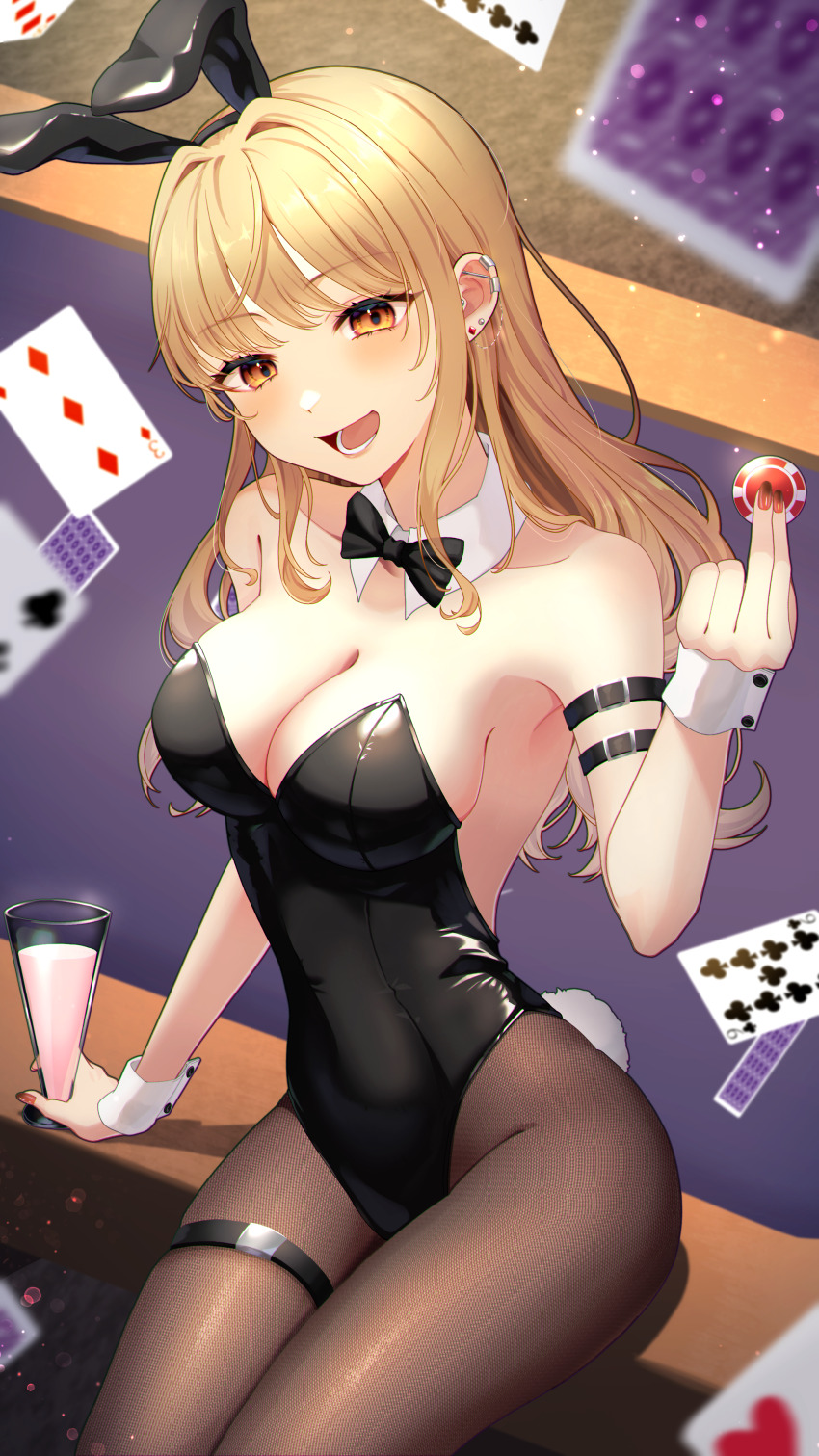 1girl absurdres animal_ears black_hairband blonde_hair blush breasts brown_pantyhose card cup earrings fake_animal_ears fake_tail glass hairband highres holding jewelry leotard medium_breasts nagi-negitoro open_mouth original pantyhose playboy_bunny rabbit_ears rabbit_tail tail yellow_eyes