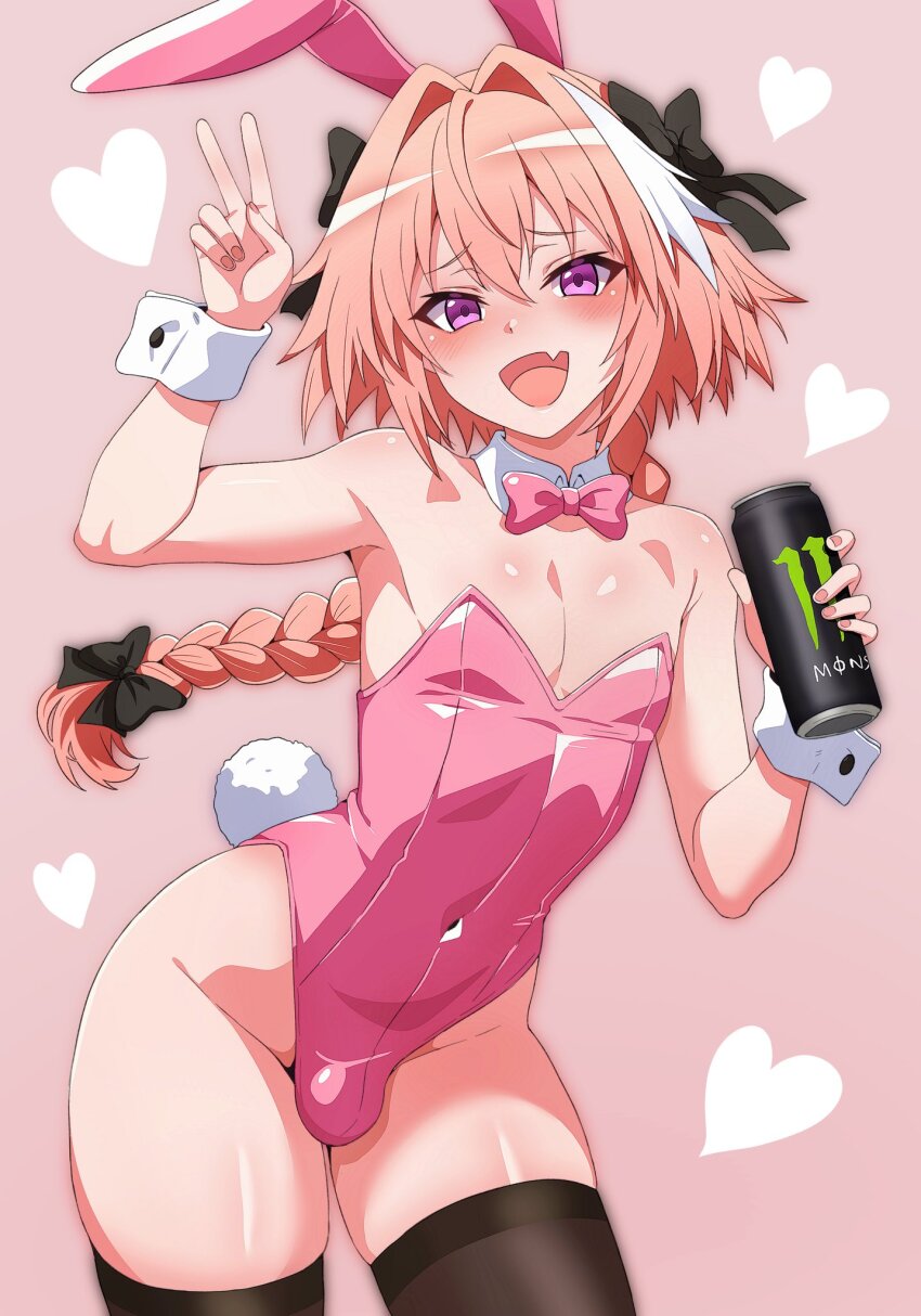 1boy :d animal_ears armpit_crease armpits astolfo_(fate) bare_arms bare_shoulders black_bow black_thighhighs blush bow braid bulge can commentary covered_navel cowboy_shot crossdressing crossdressing_(mtf) detached_collar drink_can english_commentary fake_animal_ears fang fate/apocrypha fate_(series) hair_between_eyes hair_bow hair_intakes hand_up heart highleg highleg_leotard highres holding holding_can leotard long_hair looking_at_viewer male_focus male_playboy_bunny monster_energy open_mouth pink_background pink_bow pink_hair pink_leotard purple_eyes rabbit_ears rabbit_tail simple_background single_braid single_hair_streak skin_fang smile solo strapless strapless_leotard tail thighhighs trap v white_hair wrist_cuffs zanegoodell