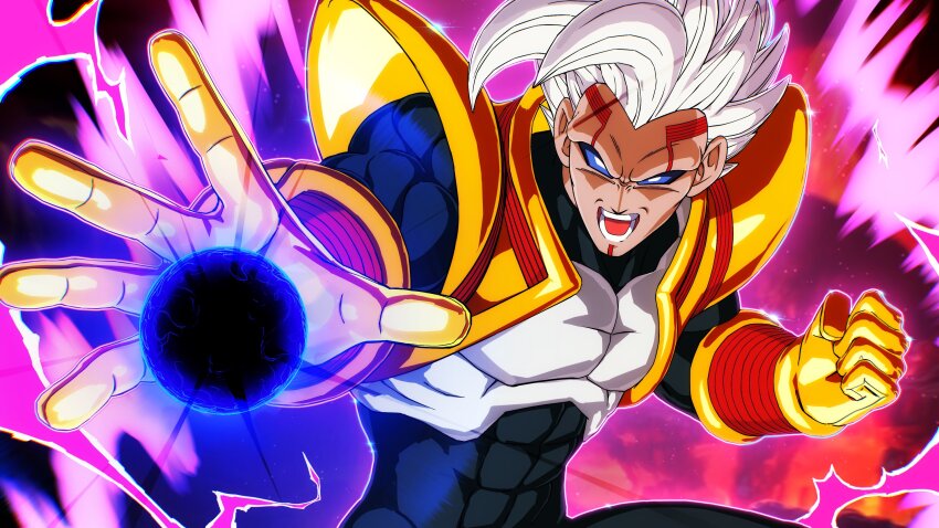 1boy absurdres baby_(dragon_ball) baby_vegeta black_bodysuit blue_eyes bodysuit dragon_ball dragon_ball_gt easterhands facial_mark gloves grey_hair highres incoming_attack looking_at_viewer male_focus muscular muscular_male open_mouth parasite pectorals possessed possession smile solo spiked_hair white_hair yellow_gloves