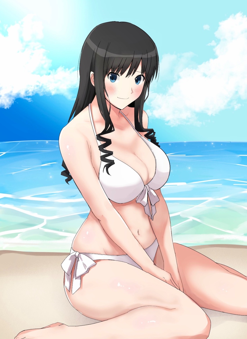 1girl amagami beach bikini black_hair blue_eyes blush breasts cleavage closed_mouth collarbone commentary_request curly_hair day drill_hair feet_out_of_frame front-tie_bikini_top front-tie_top gyuunyuu_pack_(tanaka) highres large_breasts light_smile long_hair looking_at_viewer morishima_haruka navel ocean outdoors side-tie_bikini_bottom simple_background sitting solo stomach swimsuit waves white_bikini