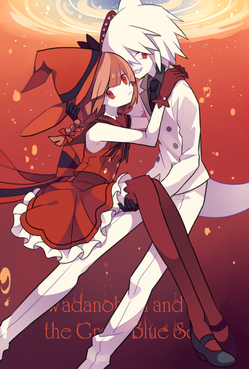 1boy 1girl air_bubble braid brown_hair bubble fang funamusea hat highres hug jacket looking_at_viewer nagatsukiariake oounabara_to_wadanohara open_mouth pale_skin pants red_hat red_shirt red_skirt red_thighhighs shirt short_hair skin_fang skirt sleeveless sleeveless_shirt smile syakesan_(funamusea) tail thighhighs wadanohara wadanohara_(red_sea) white_hair white_jacket white_pants witch_hat