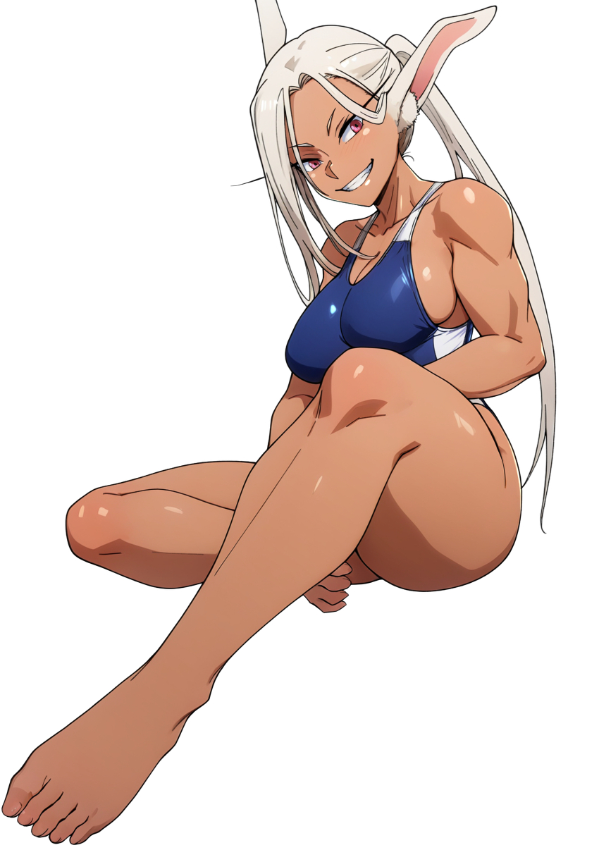 1girl absurdres alternate_costume alternate_hairstyle animal_ears barefoot blue_one-piece_swimsuit blush boku_no_hero_academia breasts cleavage collarbone damos_(child_flame) dark-skinned_female dark_skin feet full_body highres large_breasts long_eyelashes long_hair looking_at_viewer mirko one-piece_swimsuit parted_bangs ponytail rabbit_ears rabbit_girl red_eyes simple_background sitting smile solo swimsuit thick_thighs thighs toes toned toned_female two-tone_one-piece_swimsuit very_long_hair white_background white_hair