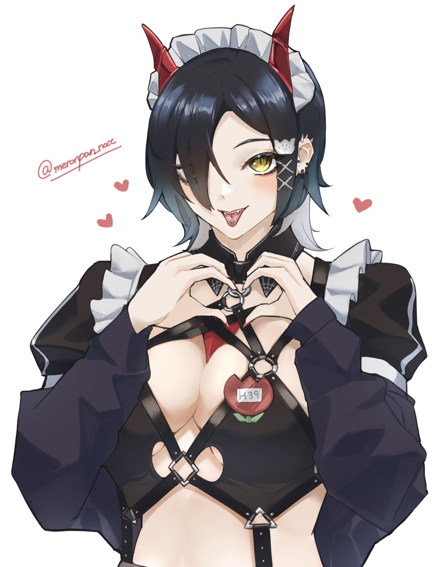 1girl absurdres artist_name azur_lane black_bra black_hair bra breast_strap breasts cat_hair_ornament cleavage cleavage_cutout clothing_cutout fangs hair_ornament heart heart_hands highres horns looking_at_viewer maid_headdress mechanical_horns medium_breasts multicolored_hair nocturnal_melonpan o-ring o-ring_top official_alternate_costume puffy_sleeves red_horns short_hair simple_background solo tongue tongue_out two-tone_hair ulrich_von_hutten_(azur_lane) ulrich_von_hutten_(mayhem_maid)_(azur_lane) underwear upper_body white_background white_hair yellow_eyes