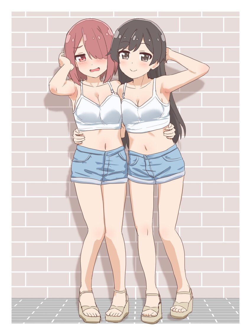 2girls arm_behind_head arm_up bare_arms bare_legs bare_shoulders black_eyes black_hair blue_shorts blush breasts brick_wall brown_hair cleavage collarbone commentary_request crop_top dot_nose full_body hair_over_one_eye hand_on_another&#039;s_waist highres hoshino_miyako_(wataten) large_breasts long_hair matsumoto_kouko medium_breasts midriff multiple_girls navel no_socks one_eye_covered open_mouth red_eyes sandals short_hair short_shorts shorts side-by-side smile standing warukusu watashi_ni_tenshi_ga_maiorita!