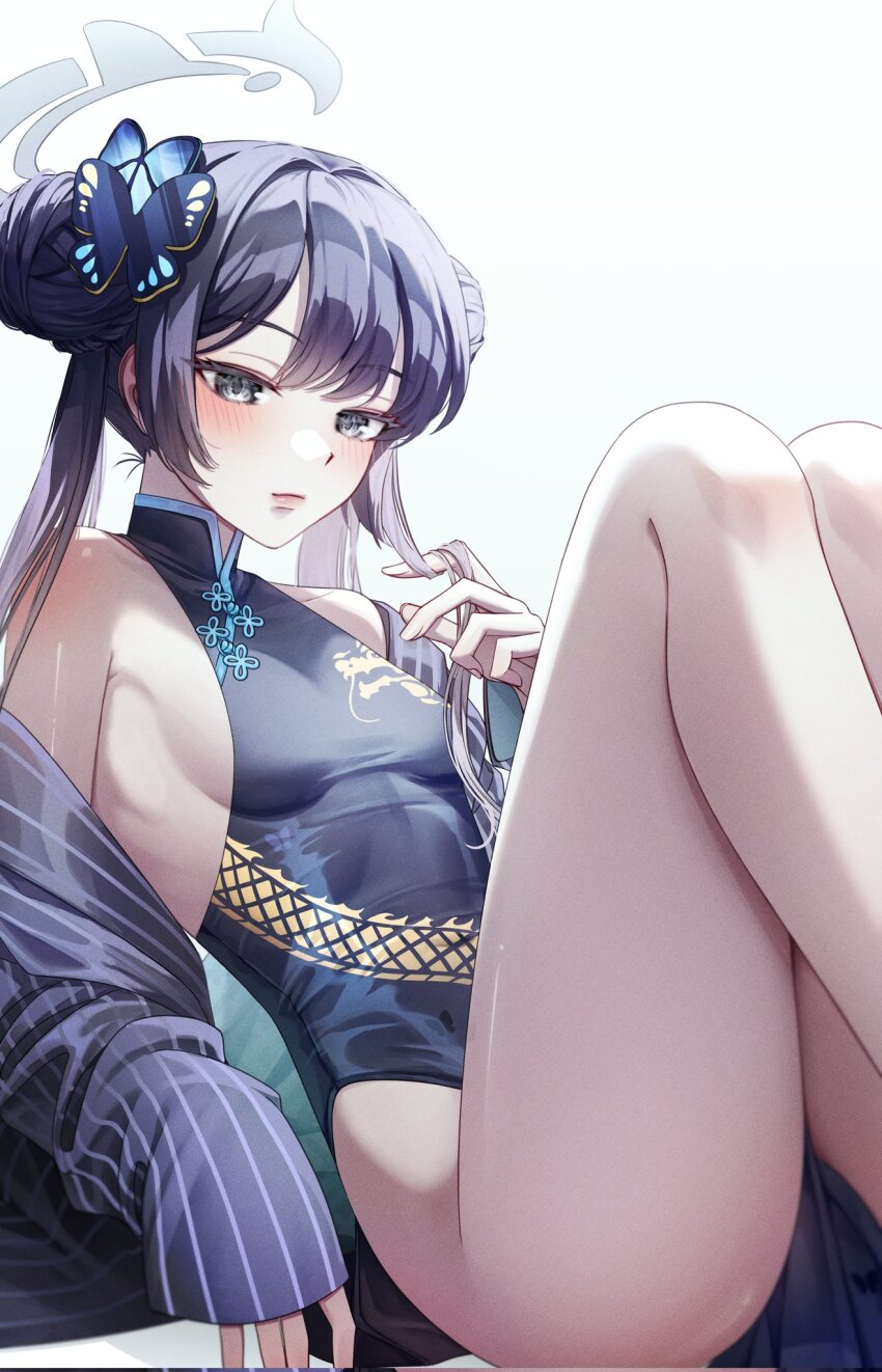 1girl black_dress black_gloves black_hair blue_archive braid braided_bun breasts butterfly_hair_ornament china_dress chinese_clothes coat double_bun dragon_print dress gloves grey_eyes grey_halo hair_bun hair_ornament halo highres jacket kisaki_(blue_archive) long_hair looking_at_viewer mito pelvic_curtain pinstripe_jacket pinstripe_pattern print_dress sleeveless sleeveless_dress small_breasts solo striped_clothes striped_coat striped_jacket thighs twintails vertical-striped_clothes vertical-striped_coat vertical-striped_jacket